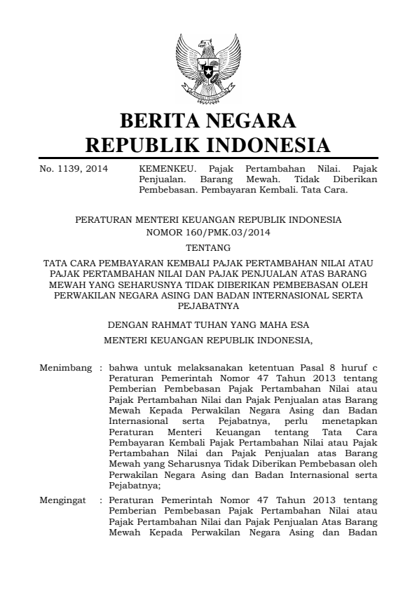 Peraturan Menteri Keuangan Nomor 160/PMK.03/2014