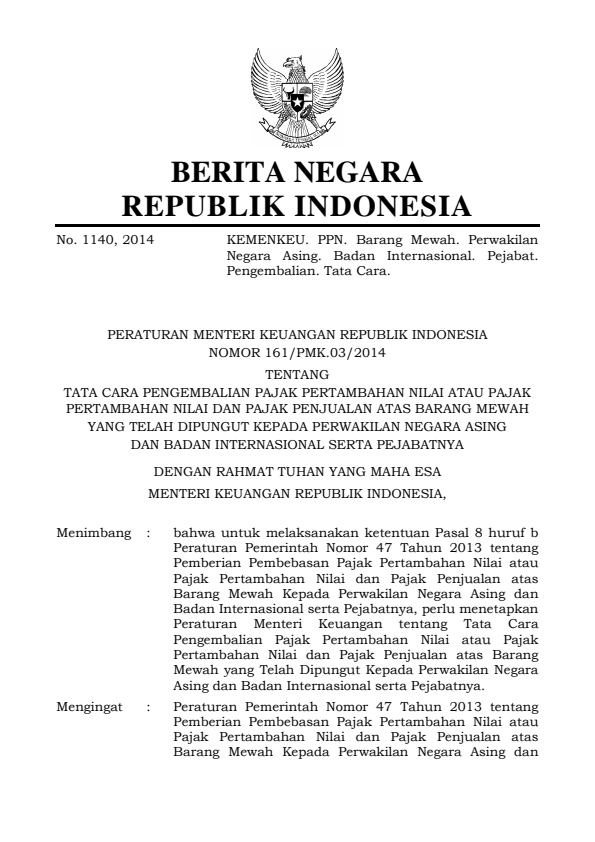 Peraturan Menteri Keuangan Nomor 161/PMK.03/2014