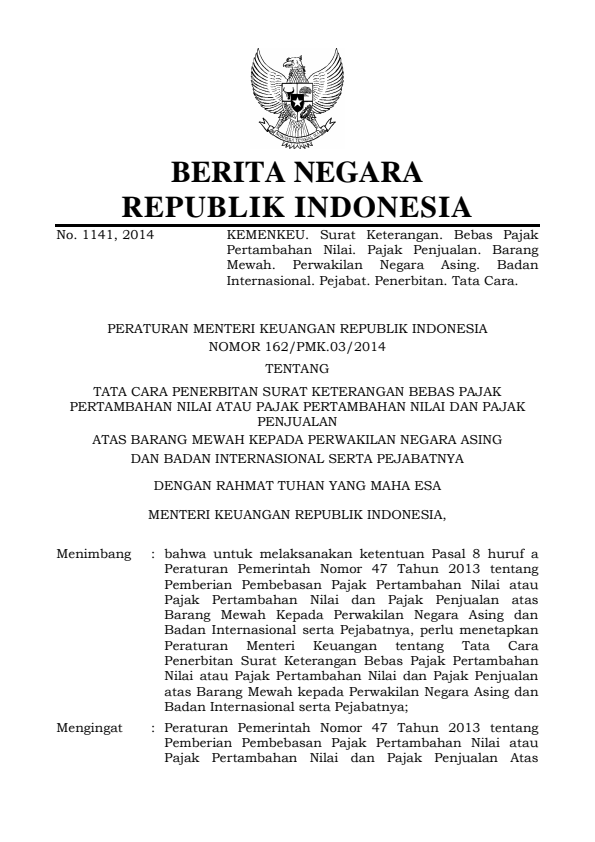 Peraturan Menteri Keuangan Nomor 162/PMK.03/2014