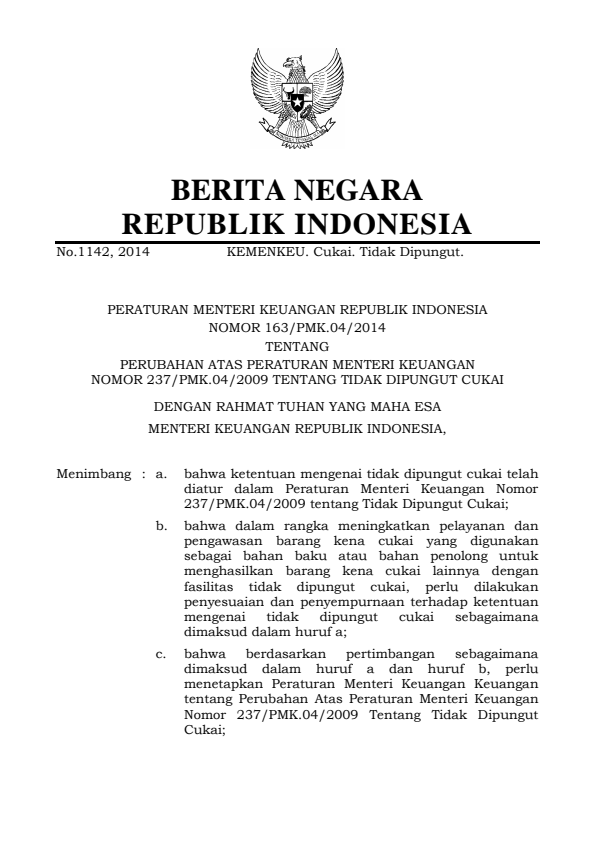 Peraturan Menteri Keuangan Nomor 163/PMK.04/2014