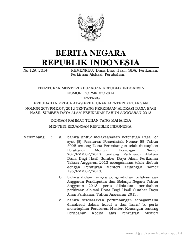 Peraturan Menteri Keuangan Nomor 17/PMK.07/2014