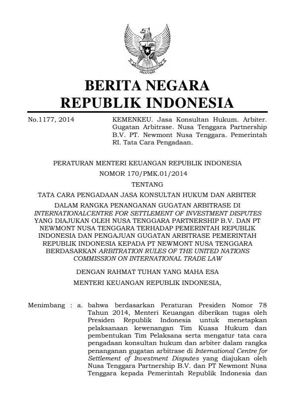 Peraturan Menteri Keuangan Nomor 170/PMK.01/2014