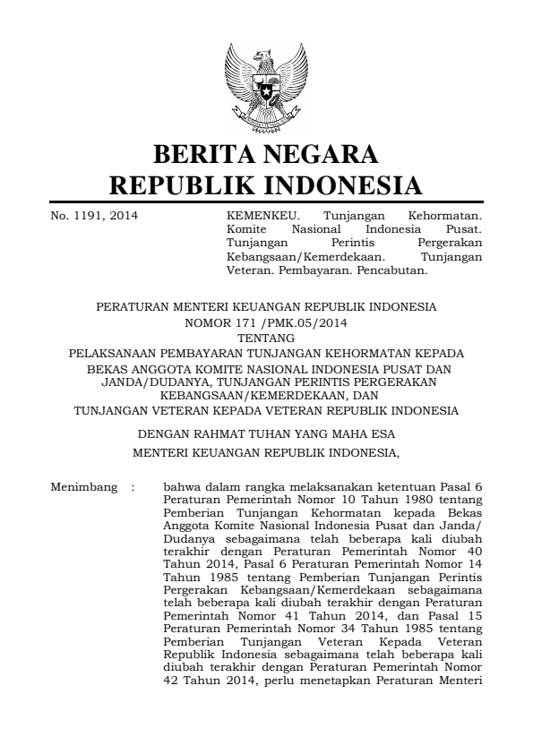 Peraturan Menteri Keuangan Nomor 171/PMK.05/2014