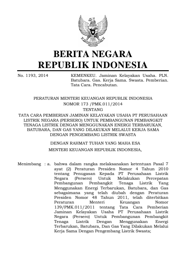 Peraturan Menteri Keuangan Nomor 173/PMK.011/2014