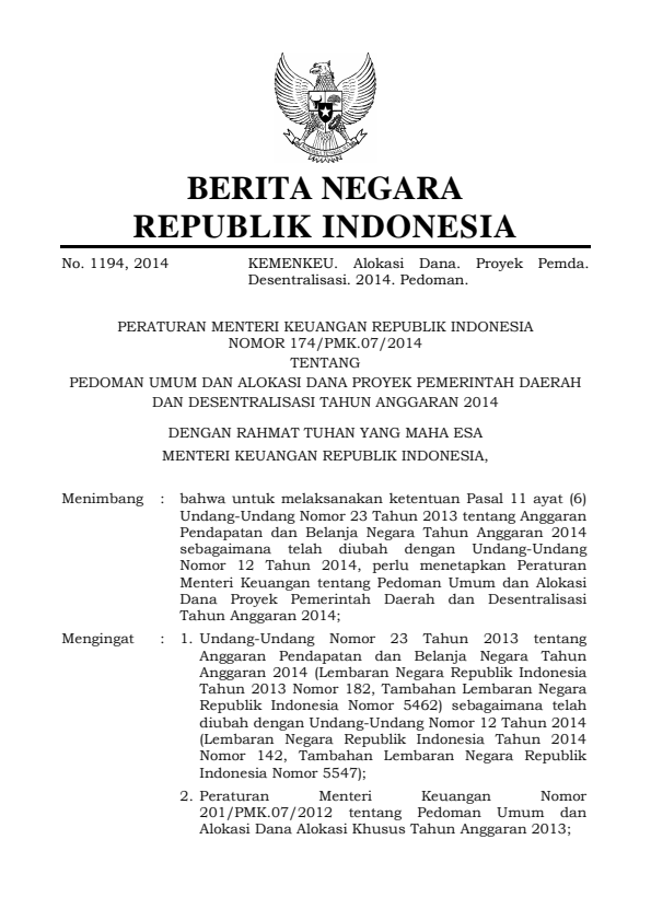 Peraturan Menteri Keuangan Nomor 174/PMK.07/2014