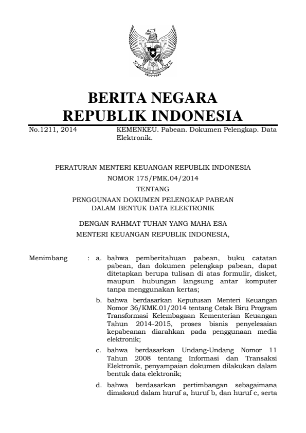 Peraturan Menteri Keuangan Nomor 175/PMK.04/2014