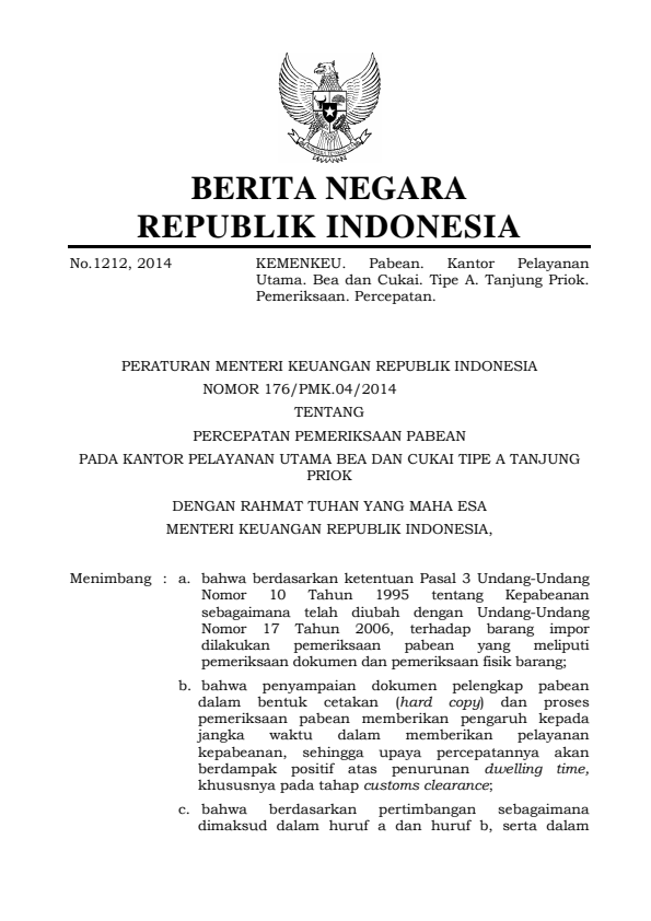 Peraturan Menteri Keuangan Nomor 176/PMK.04/2014