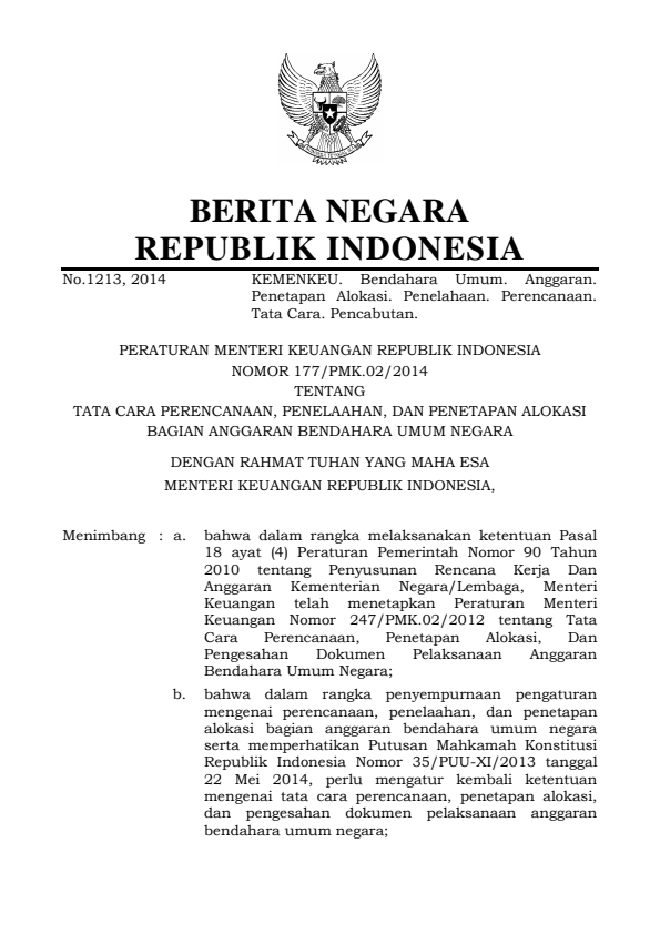 Peraturan Menteri Keuangan Nomor 177/PMK.02/2014