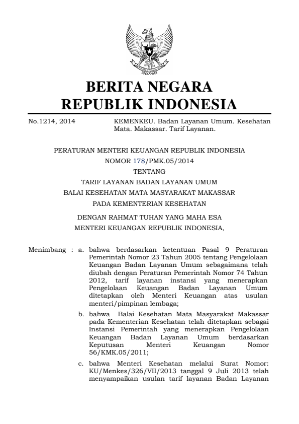 Peraturan Menteri Keuangan Nomor 178/PMK.05/2014