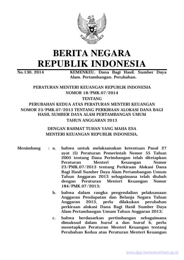 Peraturan Menteri Keuangan Nomor 18/PMK.07/2014