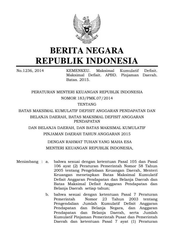 Peraturan Menteri Keuangan Nomor 183/PMK.07/2014