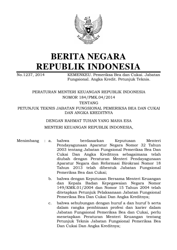 Peraturan Menteri Keuangan Nomor 184/PMK.04/2014