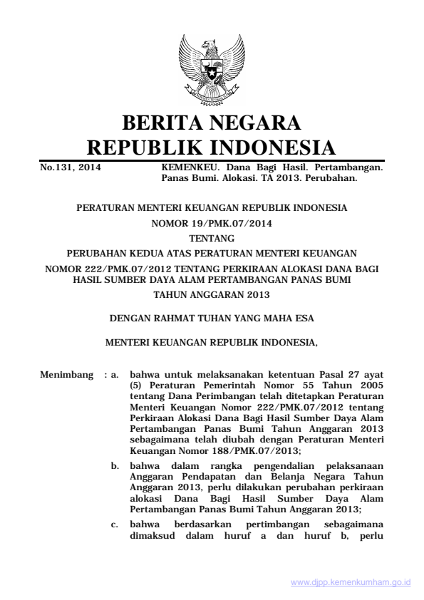 Peraturan Menteri Keuangan Nomor 19/PMK.07/2014