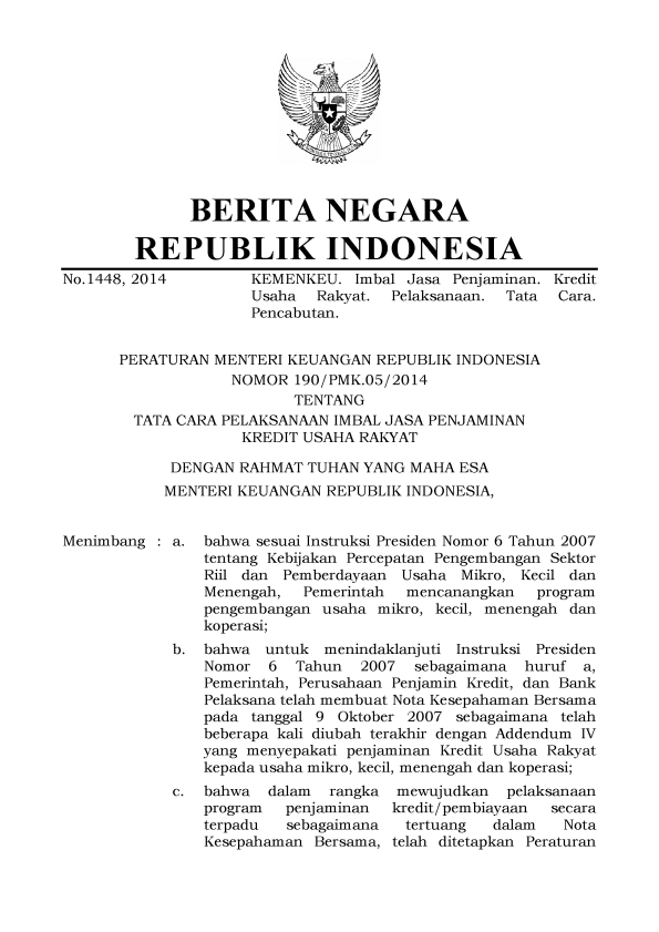 Peraturan Menteri Keuangan Nomor 190/PMK.05/2014