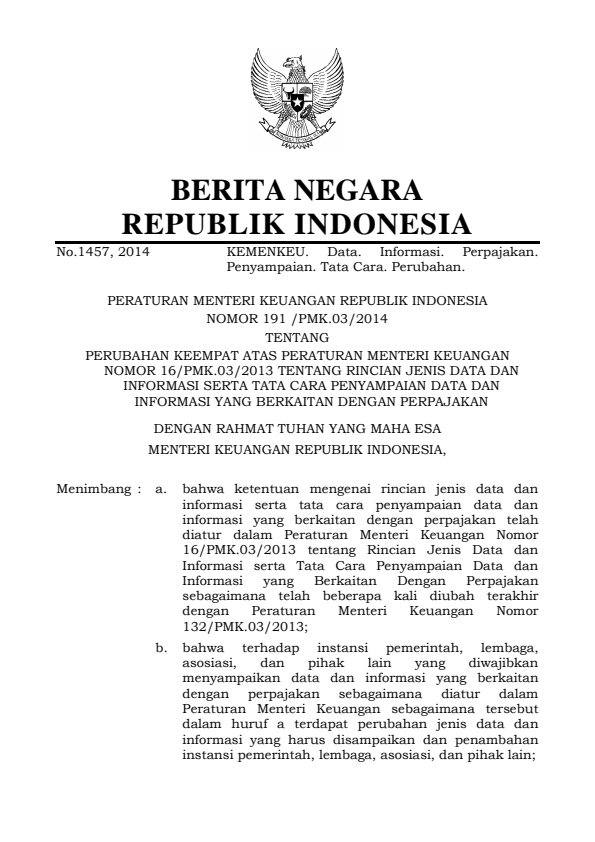 Peraturan Menteri Keuangan Nomor 191/PMK.03/2014