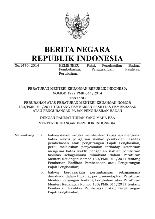 Peraturan Menteri Keuangan Nomor 192/PMK.011/2014