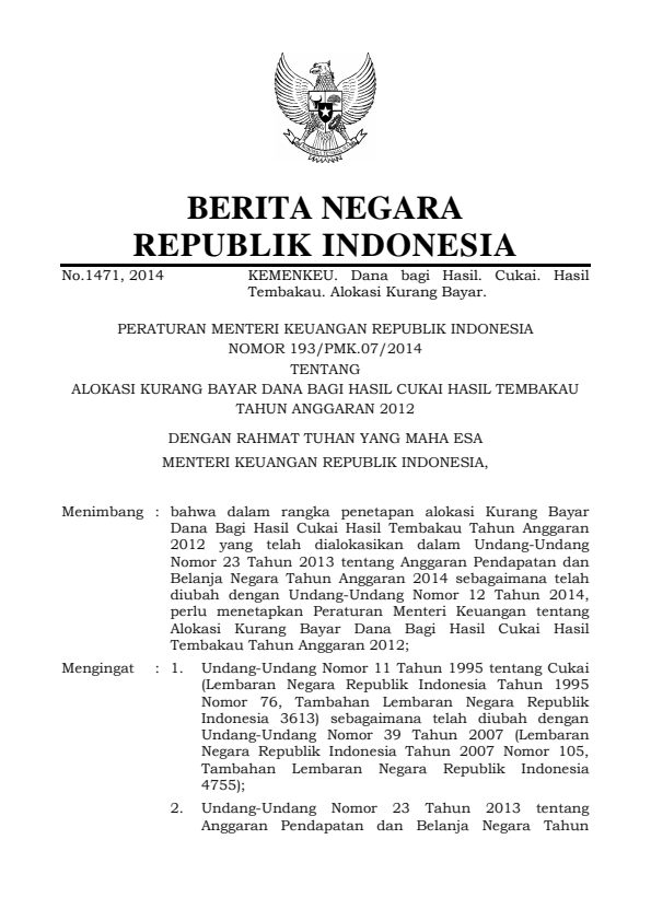Peraturan Menteri Keuangan Nomor 193/PMK.07/2014