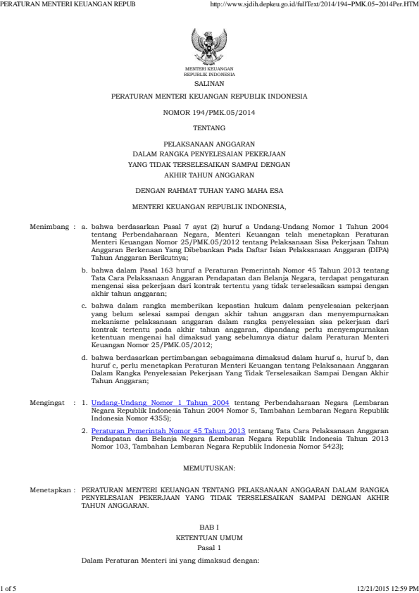 Peraturan Menteri Keuangan Nomor 194/PMK.05/2014