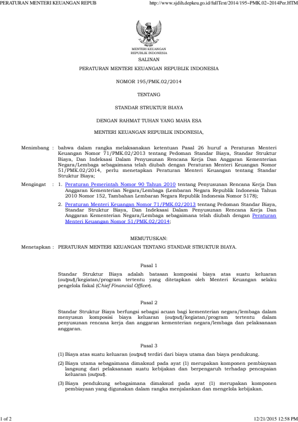Peraturan Menteri Keuangan Nomor 195/PMK.02/2014