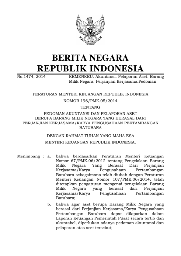 Peraturan Menteri Keuangan Nomor 196/PMK.05/2014