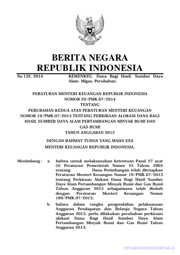 Peraturan Menteri Keuangan Nomor 20/PMK.07/2014