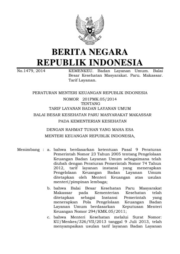 Peraturan Menteri Keuangan Nomor 201/PMK.05/2014