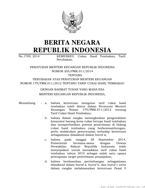 Peraturan Menteri Keuangan Nomor 205/PMK.011/2014