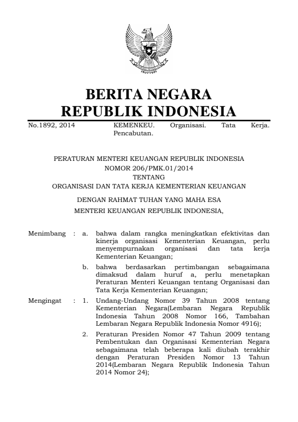 Peraturan Menteri Keuangan Nomor 206.1/PMK.01/2014