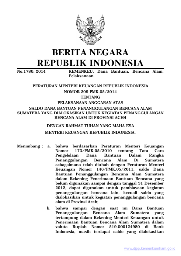 Peraturan Menteri Keuangan Nomor 209/PMK.05/2014