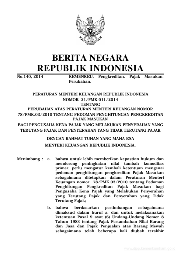 Peraturan Menteri Keuangan Nomor 21/PMK.011/2014