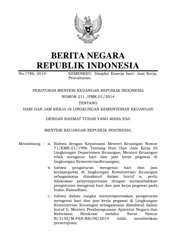 Peraturan Menteri Keuangan Nomor 211/PMK.01/2014