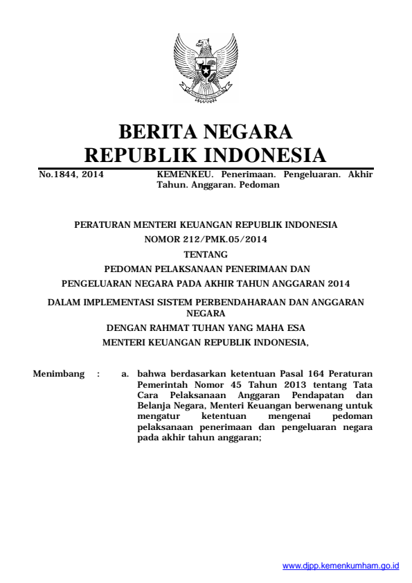 Peraturan Menteri Keuangan Nomor 212/PMK.05/2014