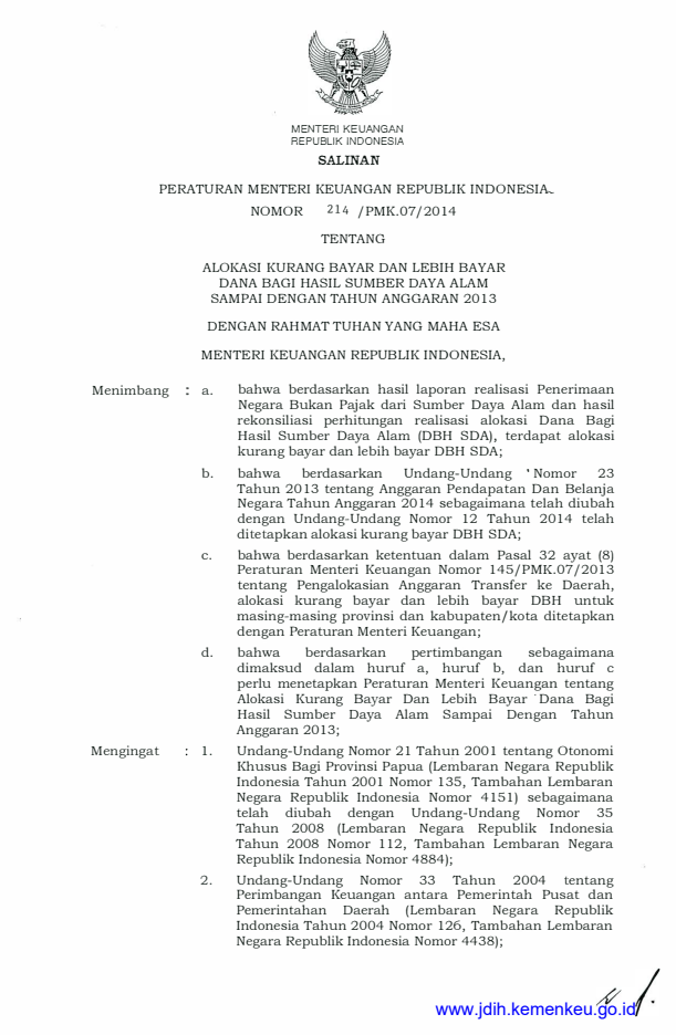 Peraturan Menteri Keuangan Nomor 214/PMK.07/2014