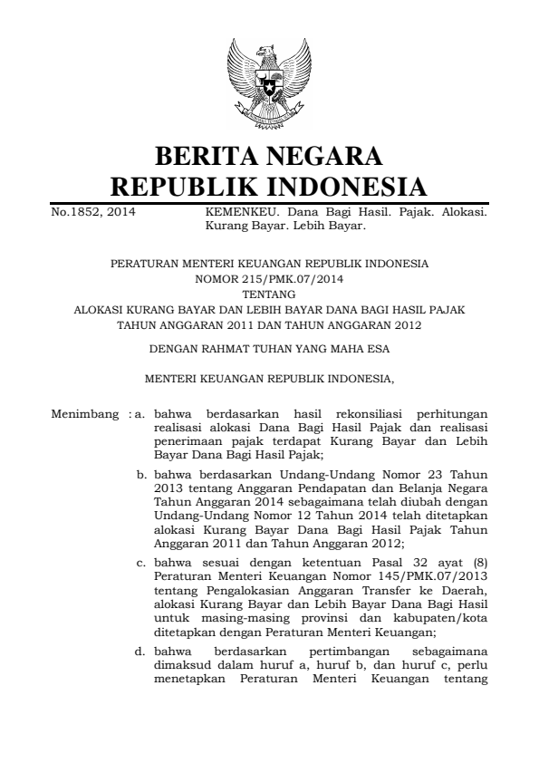Peraturan Menteri Keuangan Nomor 215/PMK.07/2014