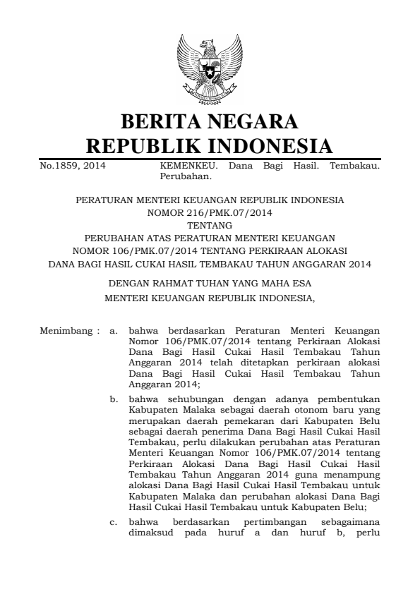 Peraturan Menteri Keuangan Nomor 216/PMK.07/2014