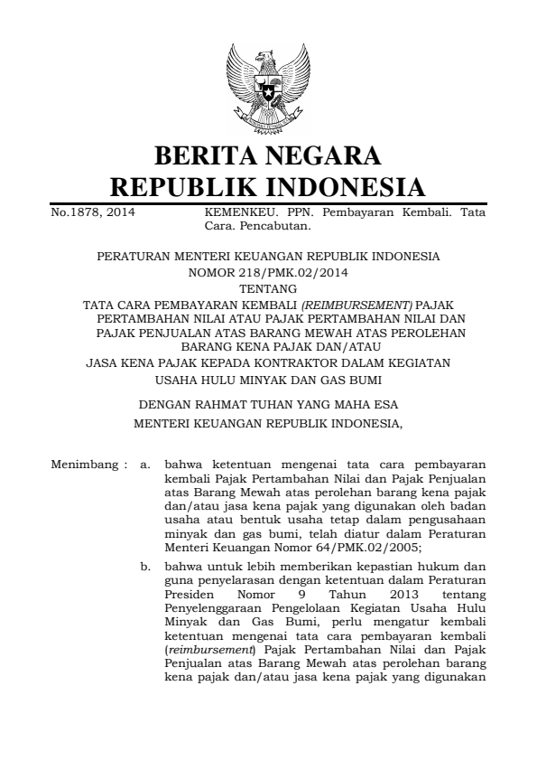 Peraturan Menteri Keuangan Nomor 218/PMK.02/2014