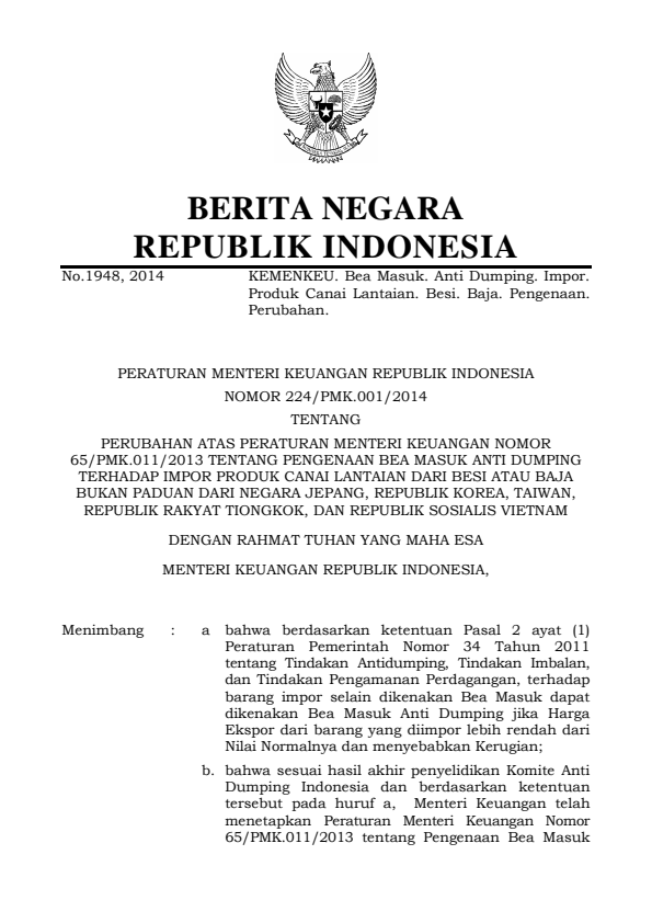 Peraturan Menteri Keuangan Nomor 224/PMK.011/2014