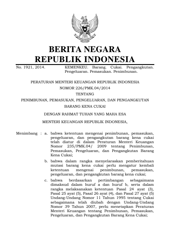 Peraturan Menteri Keuangan Nomor 226/PMK.04/2014