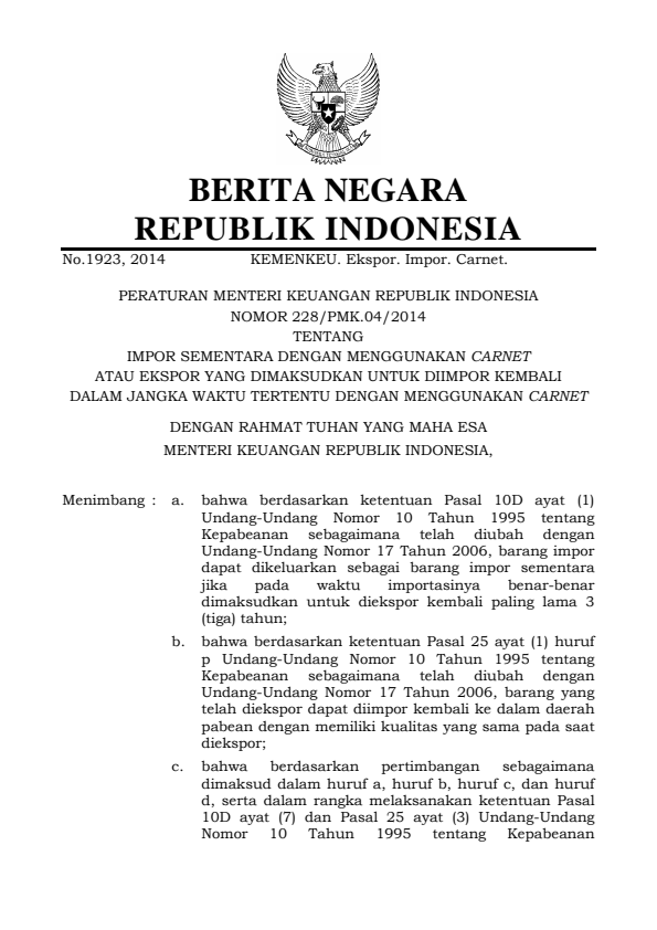 Peraturan Menteri Keuangan Nomor 228/PMK.04/2014