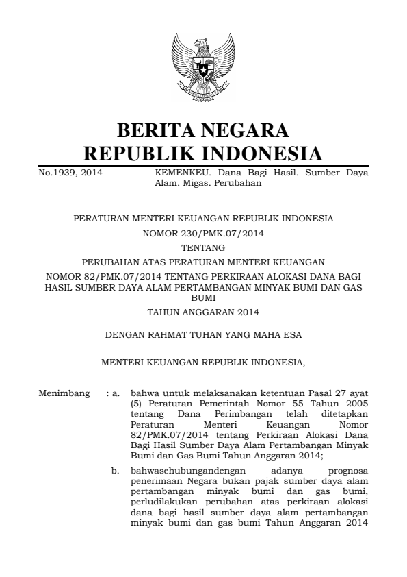 Peraturan Menteri Keuangan Nomor 230/PMK.07/2014