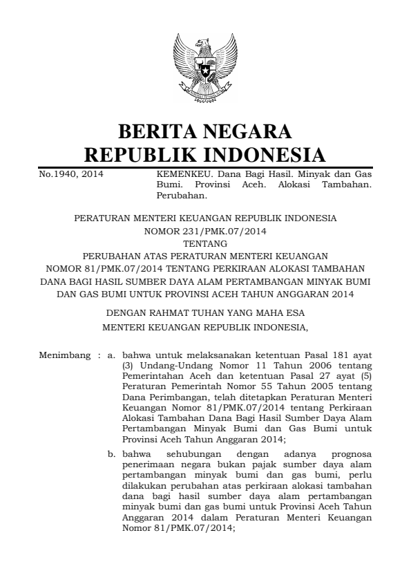 Peraturan Menteri Keuangan Nomor 231/PMK.07/2014