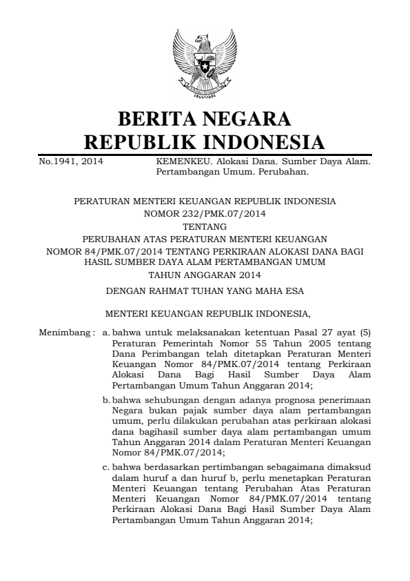 Peraturan Menteri Keuangan Nomor 232/PMK.07/2014