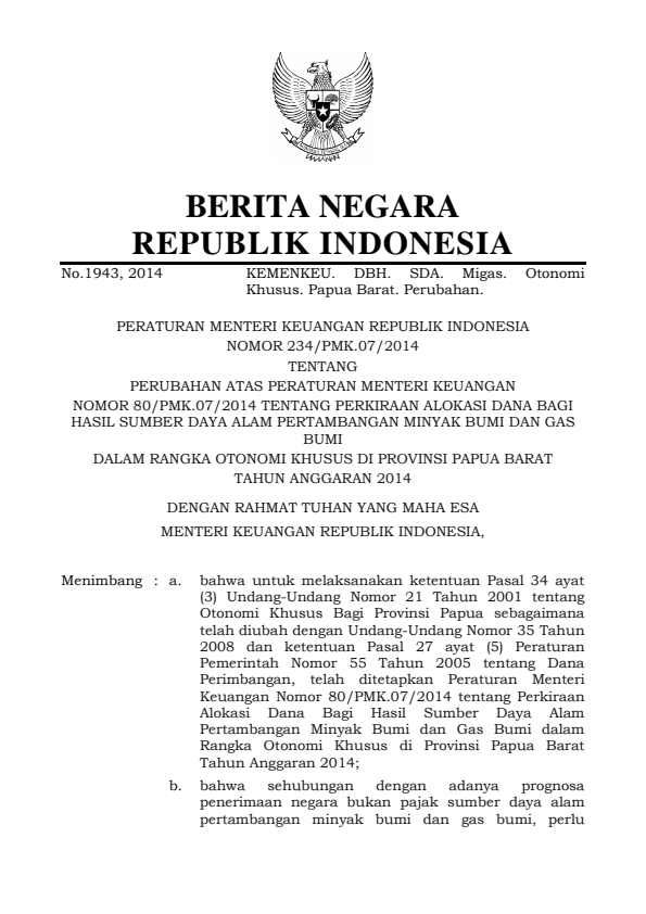 Peraturan Menteri Keuangan Nomor 234/PMK.07/2014