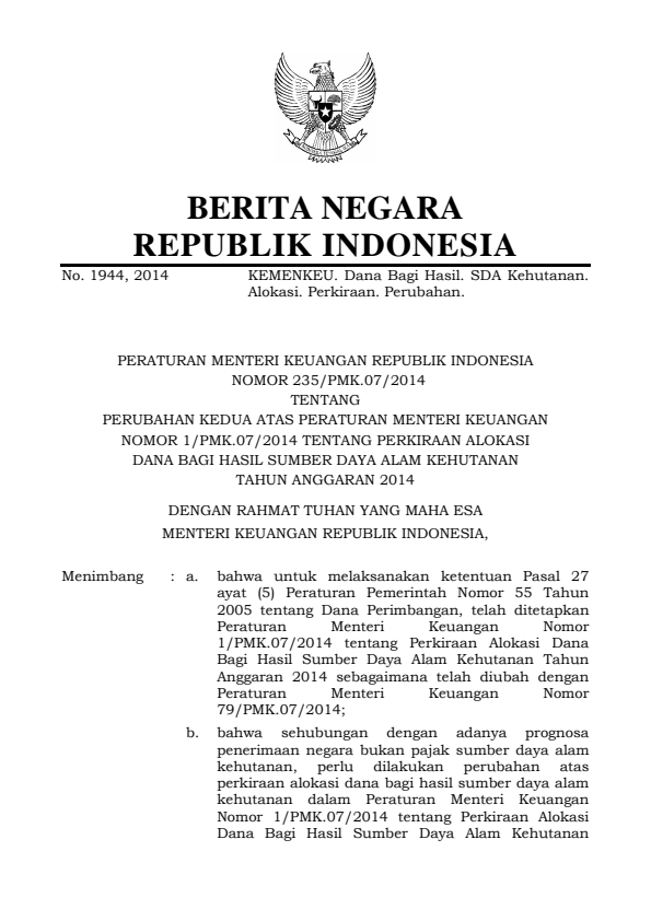 Peraturan Menteri Keuangan Nomor 235/PMK.07/2014