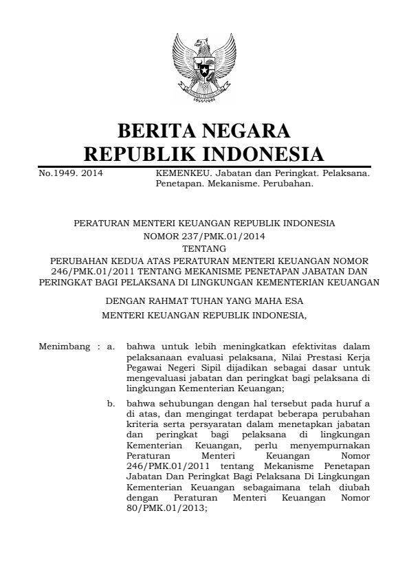 Peraturan Menteri Keuangan Nomor 237/PMK.01/2014