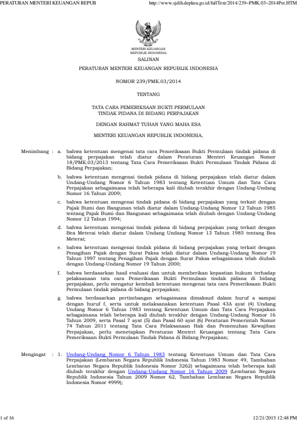 Peraturan Menteri Keuangan Nomor 239/PMK.03/2014