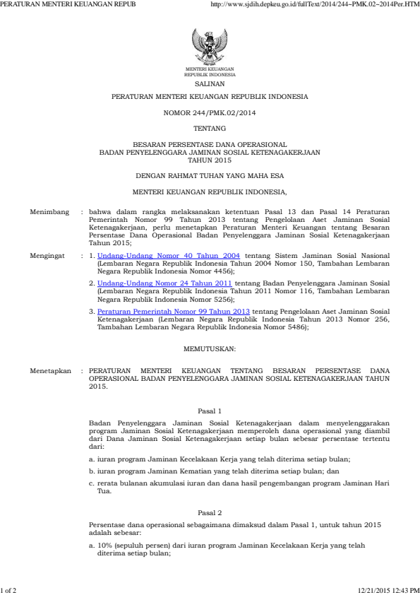Peraturan Menteri Keuangan Nomor 244/PMK.02/2014