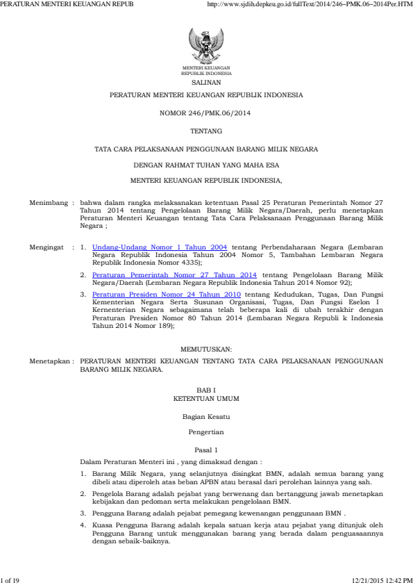Peraturan Menteri Keuangan Nomor 246/PMK.06/2014