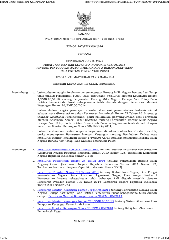 Peraturan Menteri Keuangan Nomor 247/PMK.06/2014