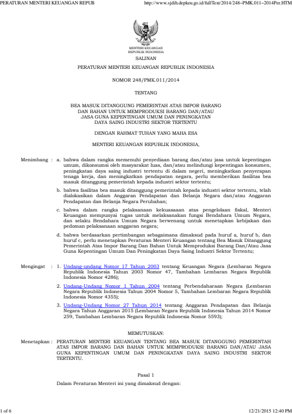 Peraturan Menteri Keuangan Nomor 248/PMK.011/2014